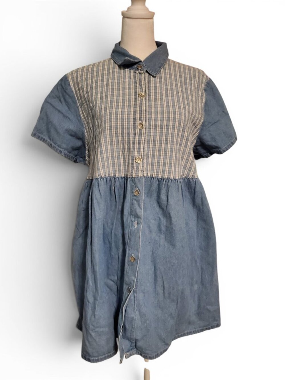 Vintage 80s Blue Jean Denim White Plaid Whimsical Mini Babydoll Dress Maternity